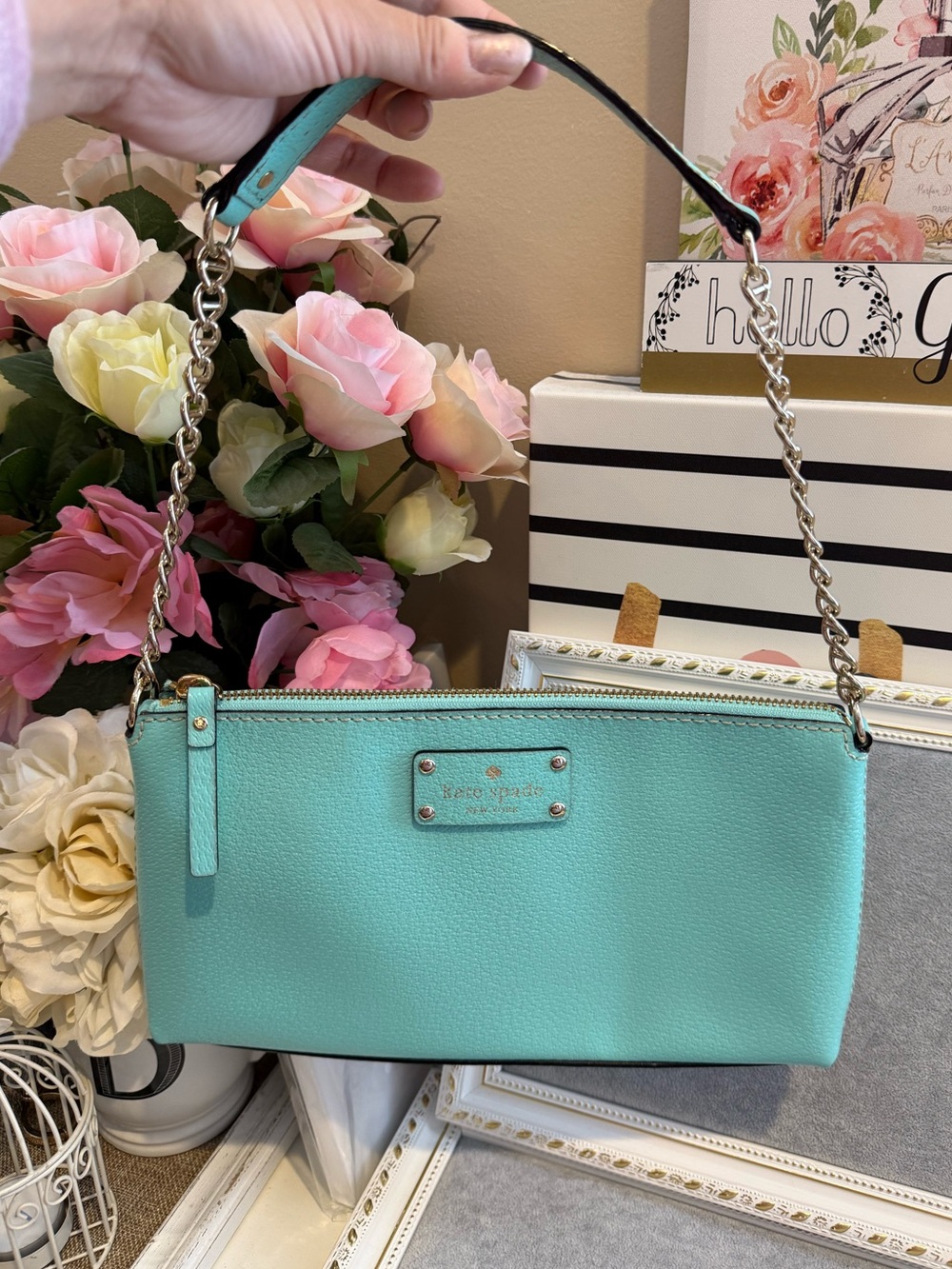 Kate Spade Mint Turquoise Leather Shoulder Bag with chain strap Wellesley